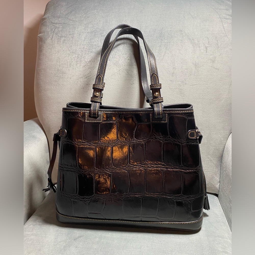 Dooney and Bourke Double Tassel Croc Shoulder Bag approximately 14” x 11” x 5”